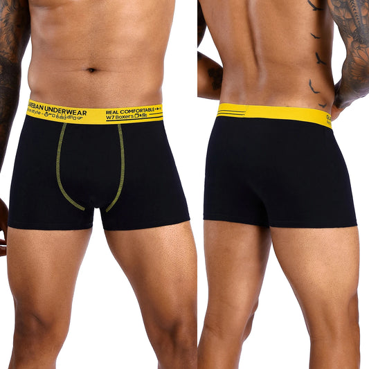 Black boxer briefs with yellow waistband on a white background