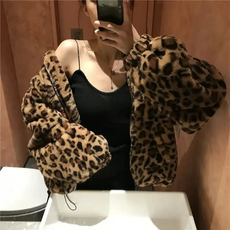 Women's Leopard Print Faux Mink Velvet Jacket - Imitation Mink Fur Coat for Women
