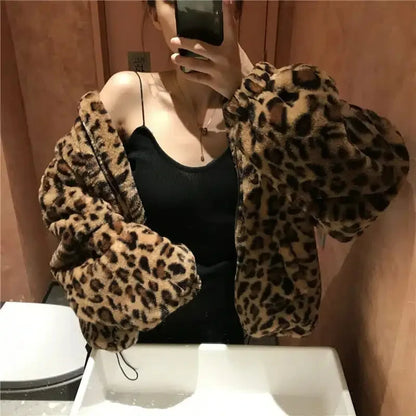 Women's Leopard Print Faux Mink Velvet Jacket - Imitation Mink Fur Coat for Women