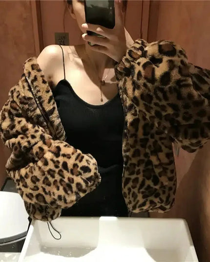 Women's Leopard Print Faux Mink Velvet Jacket - Imitation Mink Fur Coat for Women