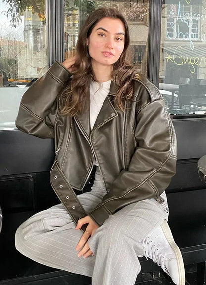 Women's Faux Leather Jacket - Long Sleeve Zip-Up Coat
