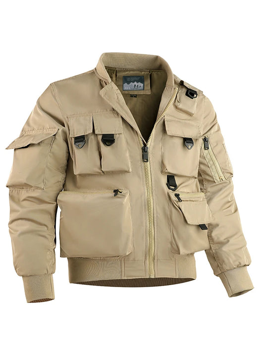 Beige military-style jacket with multiple pockets on a white background