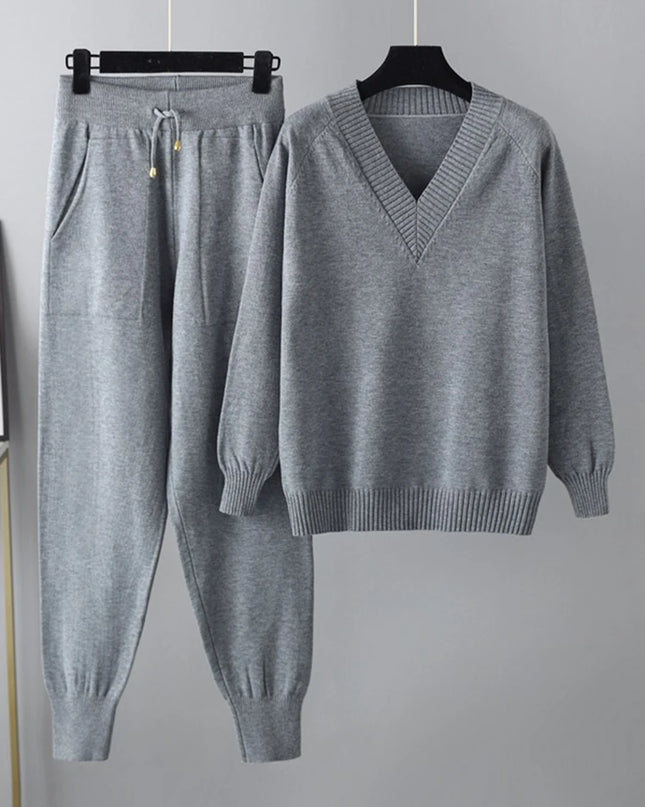 Women's Knitted 2-Piece Set – V-Neck Full Sleeve Sweater & Pencil Pants