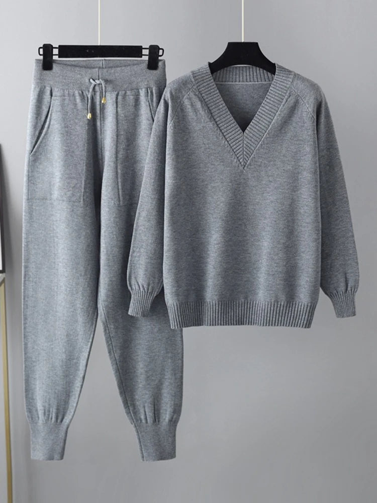 Women's Knitted 2-Piece Set – V-Neck Full Sleeve Sweater & Pencil Pants