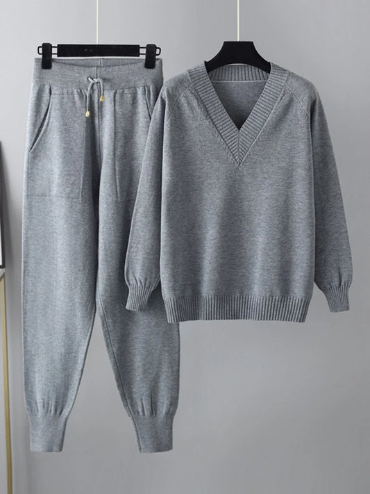 Women's Knitted 2-Piece Set – V-Neck Full Sleeve Sweater & Pencil Pants
