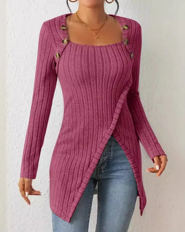 Women's Asymmetrical Hem Ribbed Casual Tunic with Button Detail