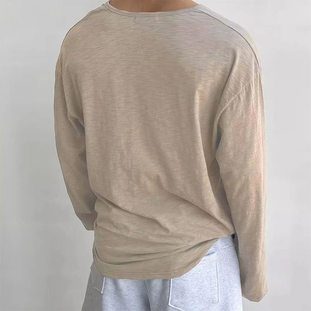 Cotton Men's Long Sleeve Loose Fit Sweater with Quarter Button Closure