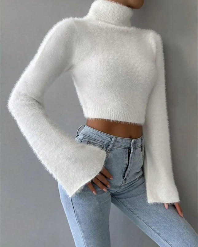 Women's Short Flare Sleeve Mock Neck Cropped Knit Sweater