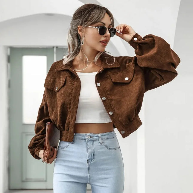 Women's Casual Lapel Corduroy Jacket with Lantern Sleeves