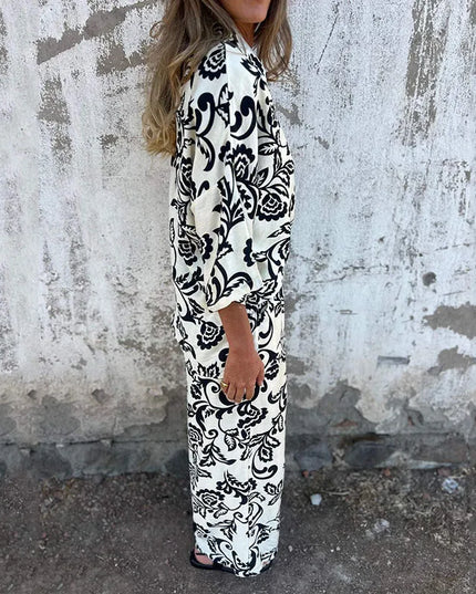 Women's Vintage Two-Piece Set: Turndown Collar Long Sleeve Shirt & Elastic High-Waist Loose Casual Pants