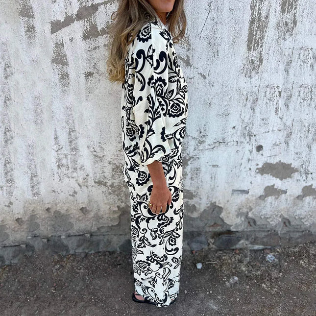 Women's Vintage Two-Piece Set: Turndown Collar Long Sleeve Shirt & Elastic High-Waist Loose Casual Pants
