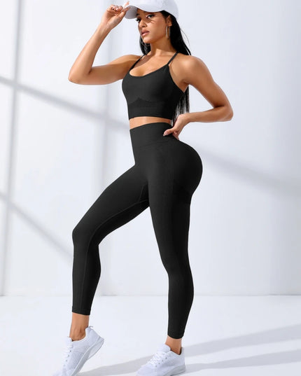Women's Seamless Two-Piece Sports Bra and Leggings Set with Thin Shoulder Straps