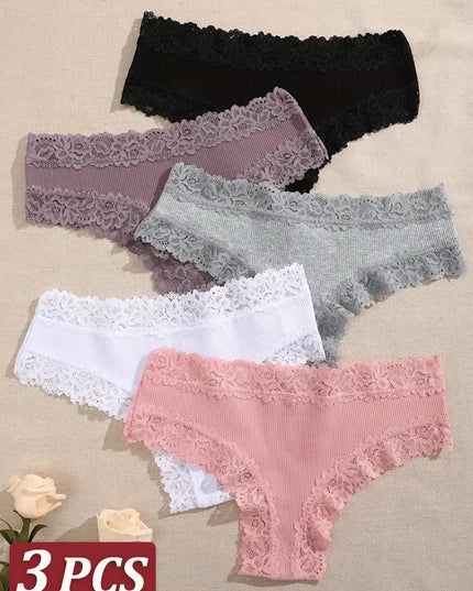 Set of 3 Women's Cotton Lace Panties - Floral Print & Trendy Patchwork Briefs