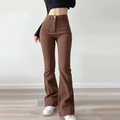 Women Flared Jeans Loose Denim Pants  - Straight High Waist Design