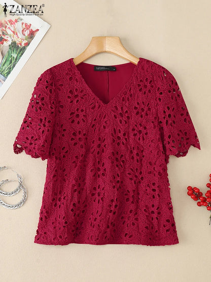 ZANZEA Women's Embroidered V-Neck Blouses - Casual Short Sleeve Hollow Out Lace Top