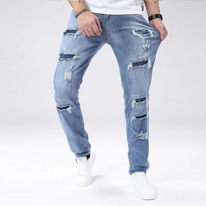Men's Skinny Ripped Jeans with Medium Elasticity - Vintage Wash Denim Pants for Men