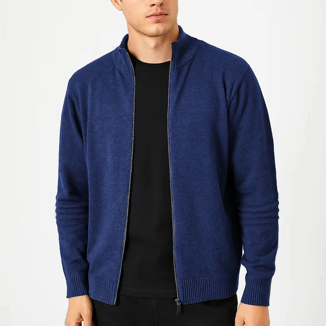 Men's Full-Zip Knitted Sweater Jacket – Slim Fit, Stand Collar