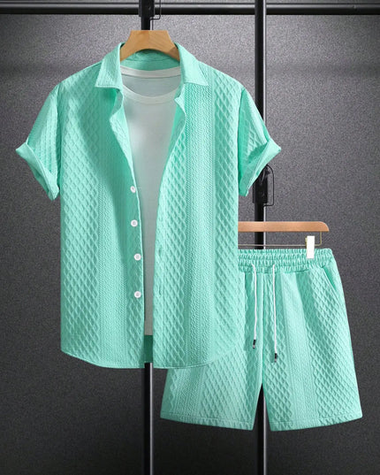 Men's Textured Two-Piece Short Sleeve Shirt and Drawstring Shorts Set