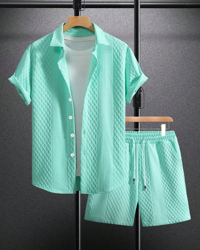 Men's Textured Two-Piece Short Sleeve Shirt and Drawstring Shorts Set