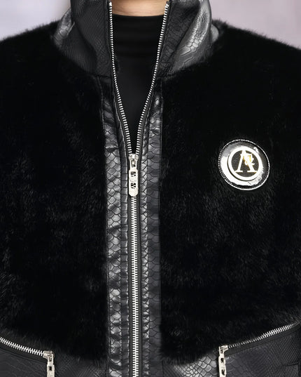 Men's Faux Fur-Spliced Pu Leather Jacket with Stand-Up Collar