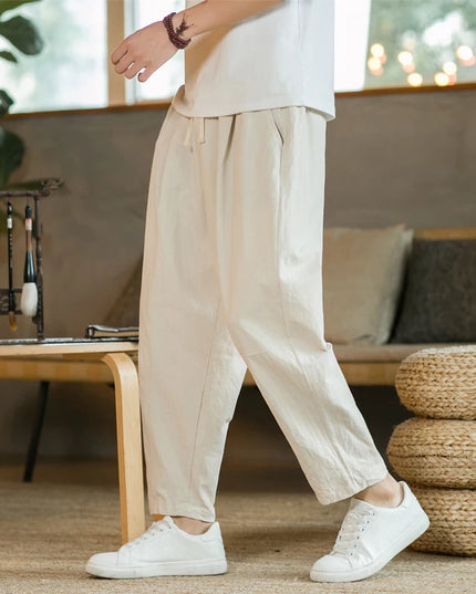 Men's Casual Loose Fit Cotton Trousers - Breathable Drawstring Pants