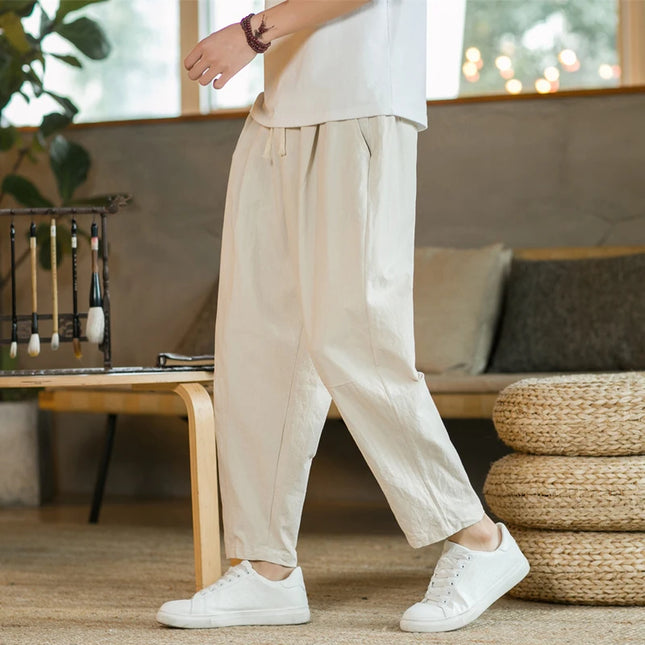 Men's Casual Loose Fit Cotton Trousers - Breathable Drawstring Pants