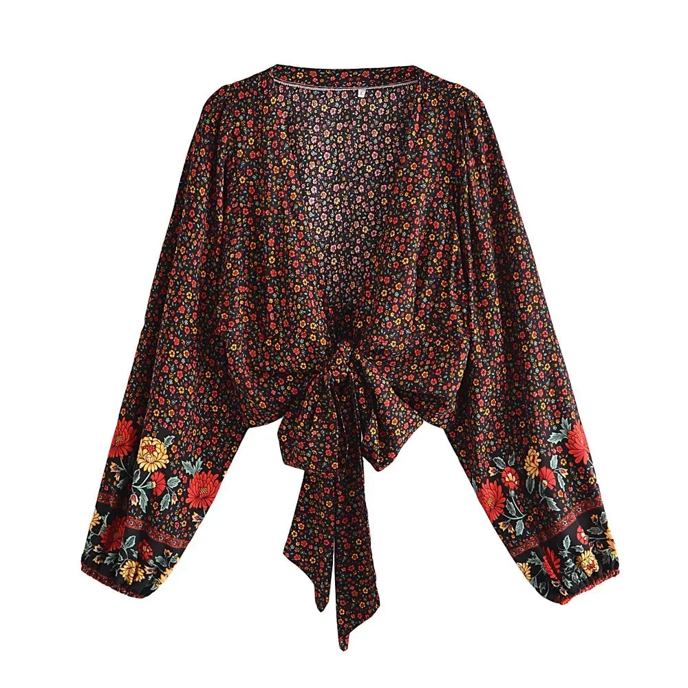 Women’s Floral Print Rayon Bohemian Blouse Shirt - Loose Fit Crop Top