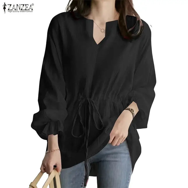Zanzea Women's Long Sleeve Blouse with U-Neck, Drawstring Waist