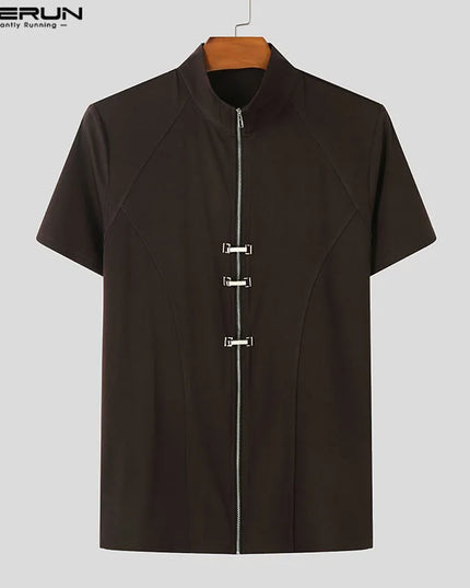 INCERUN Men's Slim Fit T-Shirt with Metal Buckle Detail & Zipper
