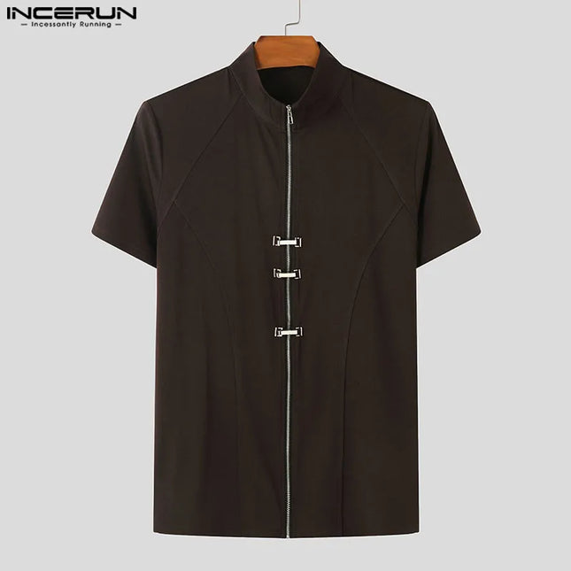 INCERUN Men's Slim Fit T-Shirt with Metal Buckle Detail & Zipper
