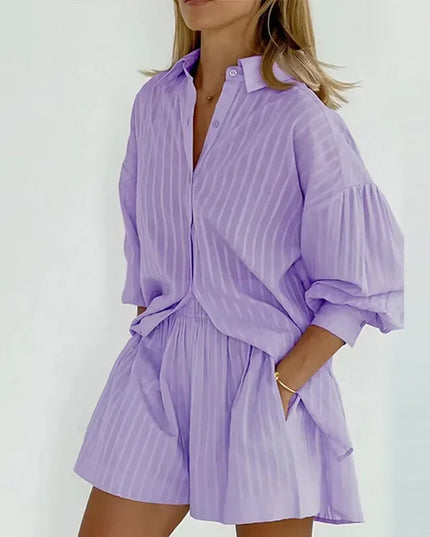 Women's Casual Two-Piece Striped Jacquard Shirt and Elastic Waist Shorts Set