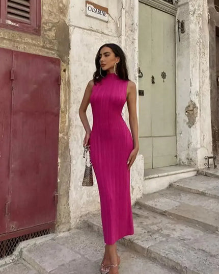 Women’s Sleeveless Ribbed Knit Turtleneck Maxi Dress – Slim, Elegant Fit