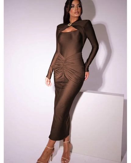 Elegant Women's Long Sleeved Pleated Dress - Elastic Tight Fit for a Flattering Silhouette