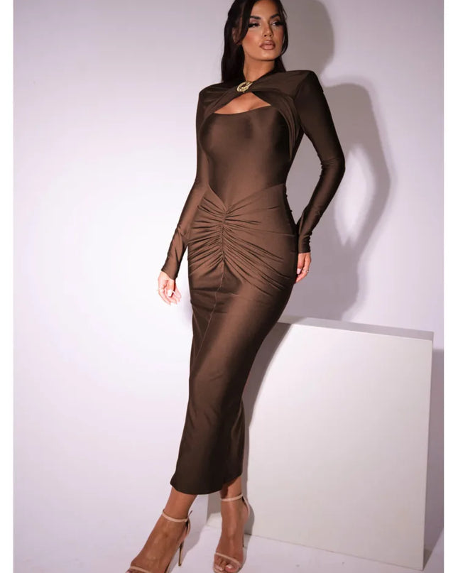 Elegant Women's Long Sleeved Pleated Dress - Elastic Tight Fit for a Flattering Silhouette