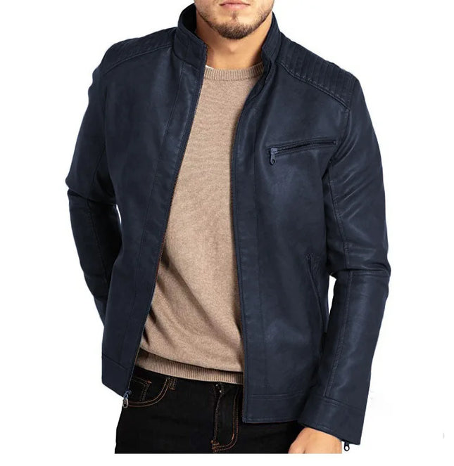 Men's PU Leather Jacket with Stand-Up Collar
