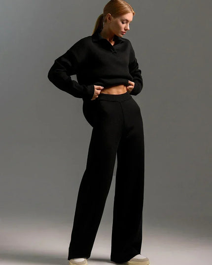 Women's Thick Knitted 2 Piece Set: Soft Polo Neck Sweater & Wide Leg Pants