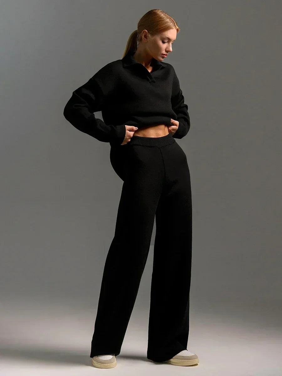 Women's Thick Knitted 2 Piece Set: Soft Polo Neck Sweater & Wide Leg Pants