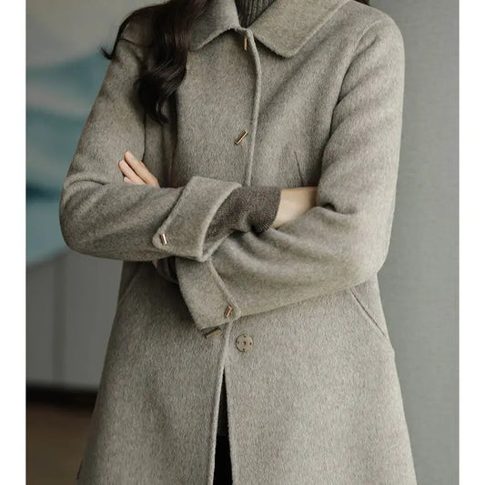 Women's Thickened Mid-Length Woolen Coat - Korean Style Wool Blend Outerwear