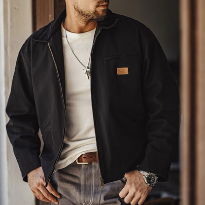 Men's Retro Canvas Jacket with Lapel Collar and Zipper