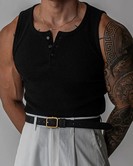 Henley Neck Buttoned Men’s Slim Fit Stretch Ribbed Tank Top