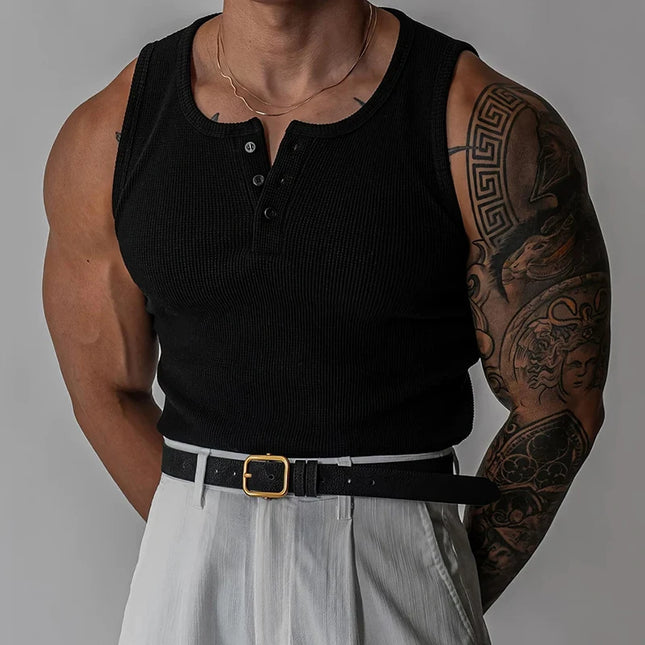 Henley Neck Buttoned Men’s Slim Fit Stretch Ribbed Tank Top