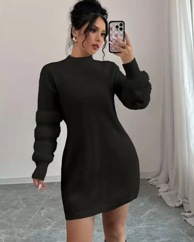 Women's Casual Loose-Fit Knit Patchwork Dress with Stand Collar