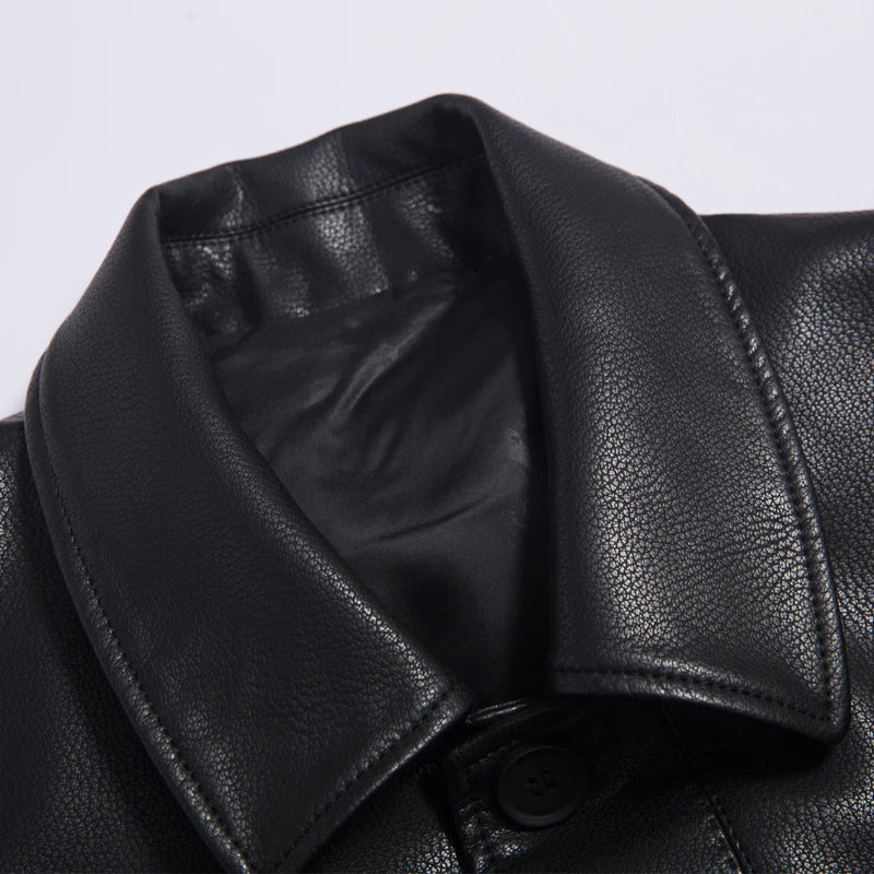 Men's Long Faux Leather Trench Coat with Lapel - Stylish & Durable Leather Outerwear for Men