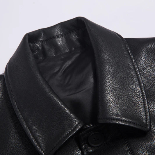 Men's Long Faux Leather Trench Coat with Lapel - Stylish & Durable Leather Outerwear for Men