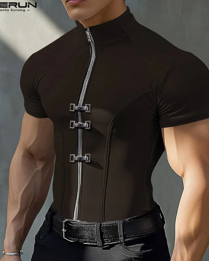 INCERUN Men's Slim Fit T-Shirt with Metal Buckle Detail & Zipper