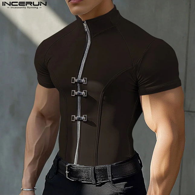 INCERUN Men's Slim Fit T-Shirt with Metal Buckle Detail & Zipper