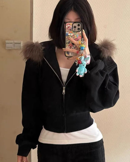 Women's Faux Fur Collar Cropped Zipper Hooded Jacket