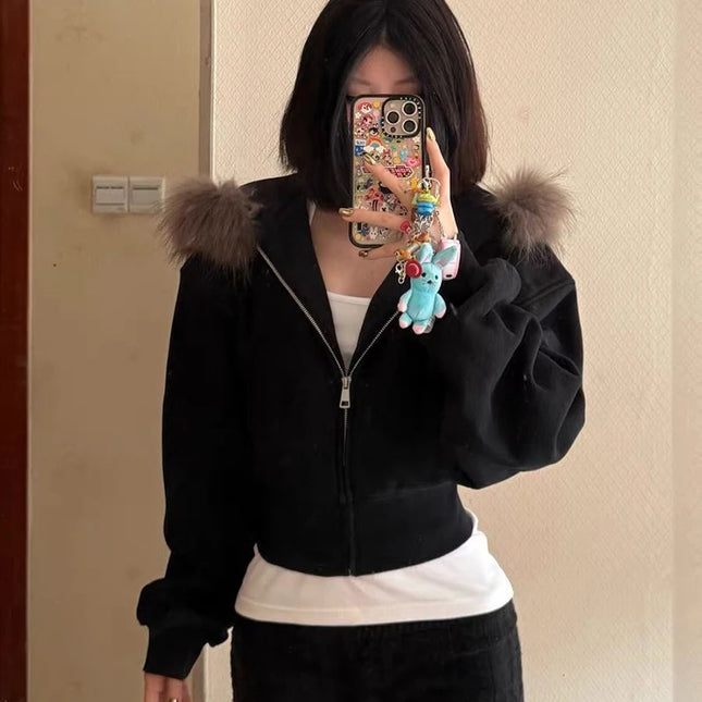 Women's Faux Fur Collar Cropped Zipper Hooded Jacket