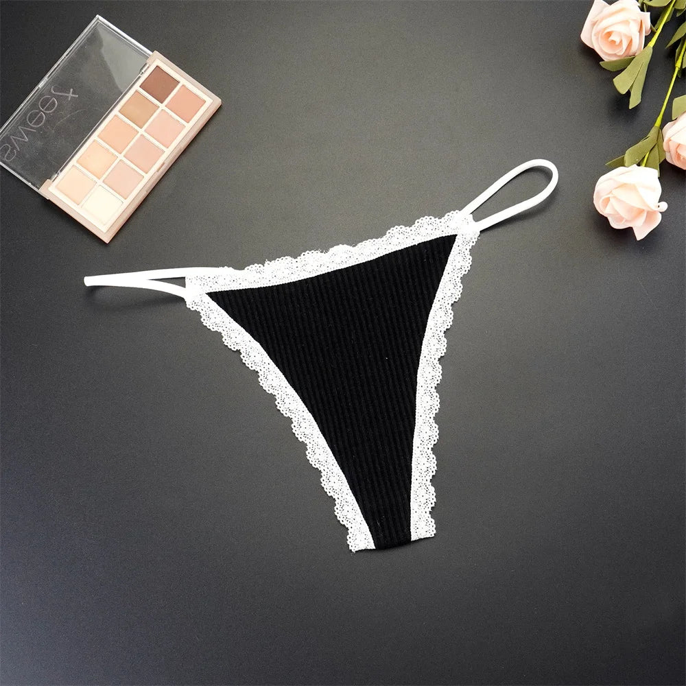 7-Pack Women's Lace Cotton Thong Panties - Thin Strap, Low Waist, Breathable