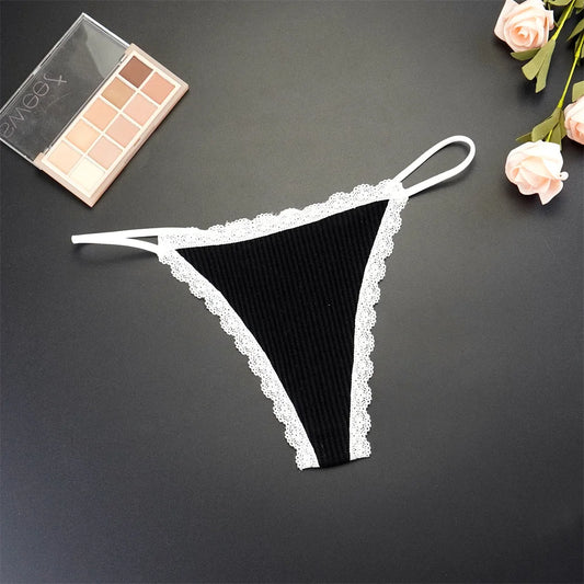 7-Pack Women's Lace Cotton Thong Panties - Thin Strap, Low Waist, Breathable